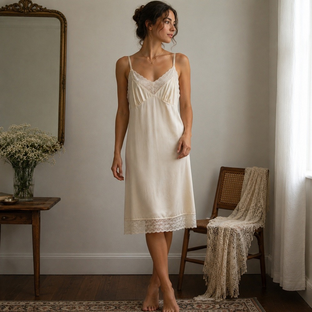 Vintage Lace Trim Slip Dress 34 Sm Coquette Silky Midi Lingerie Light Yellow